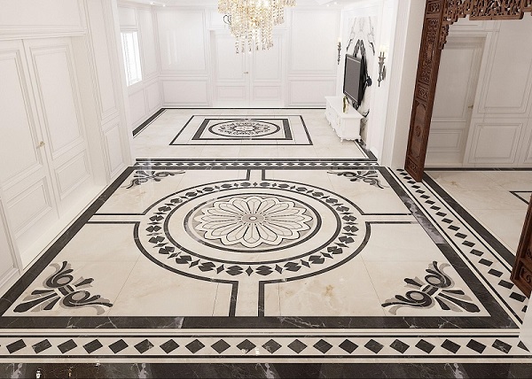 Mẫu gạch thảm tiền sảnh với tông màu đen trắng cùng họa tiết đối xứng thu hút ánh nhìn của mọi người