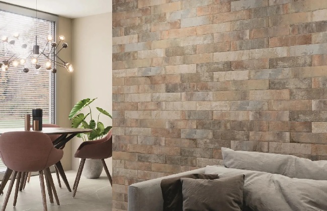 Mảng tường phòng khách ốp gạch thẻ